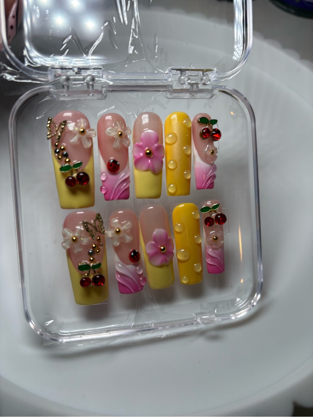 Press-On Nail Set - Pink & Yellow Floral 3D Design